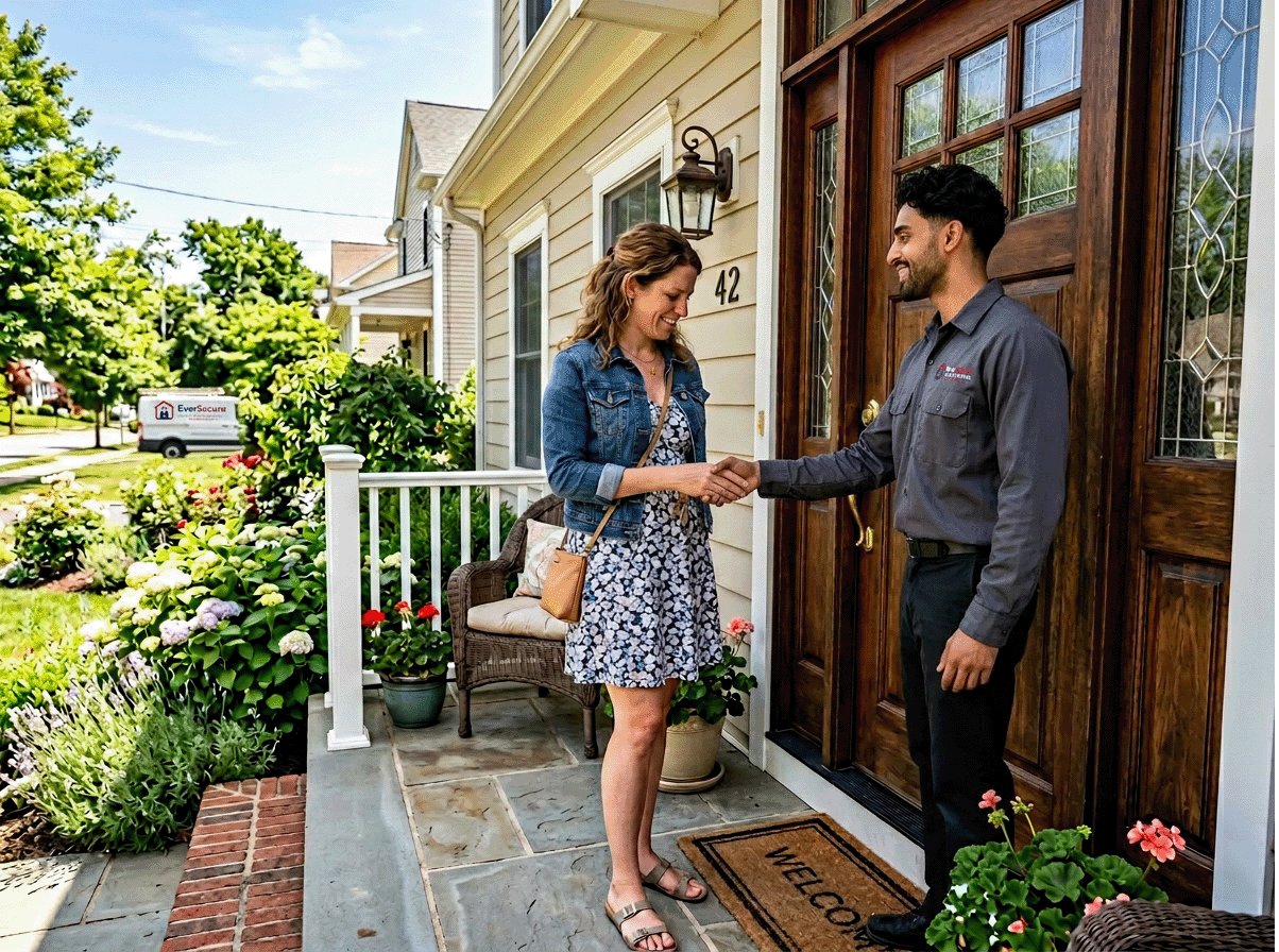 Mathew greeting a relieved homeowner at her front door after a locksmith call